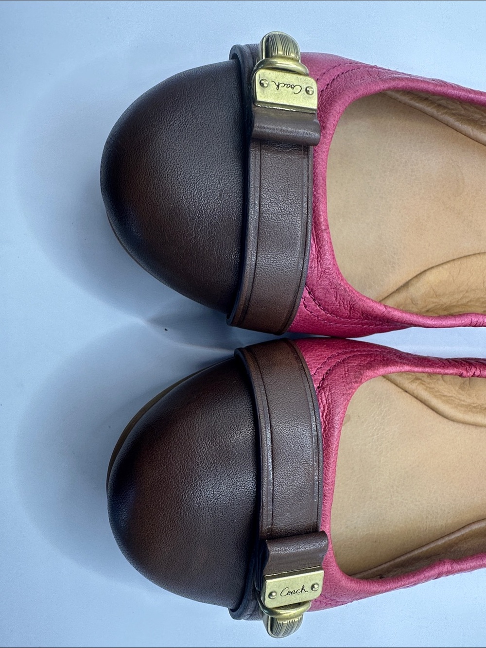 Coach Pink Fabric and Brown Leather Cap-Toe Ballet Flats with Gold Accent - Picture 3 of 11